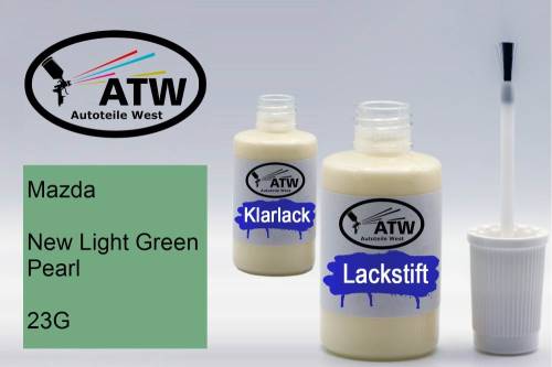 Mazda, New Light Green Pearl, 23G: 20ml Lackstift + 20ml Klarlack - Set, von ATW Autoteile West.